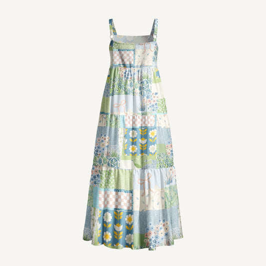 Blue Garden Quilt Print Wide Straps Maxi Dress With Pockets