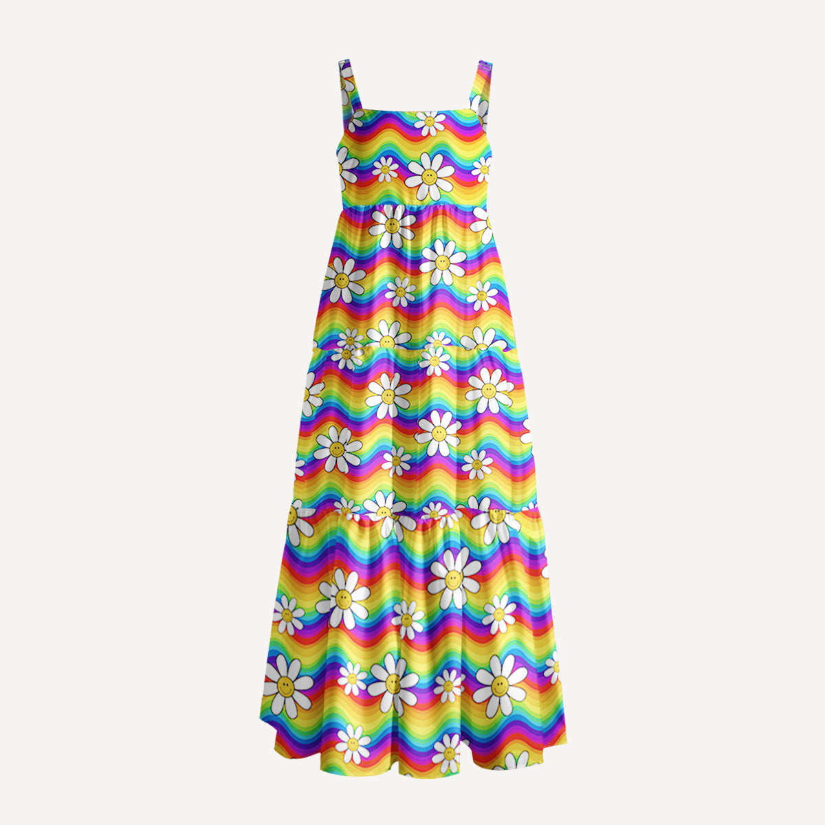 Rainbow Floral Print Wide Straps Maxi Dress With Pockets
