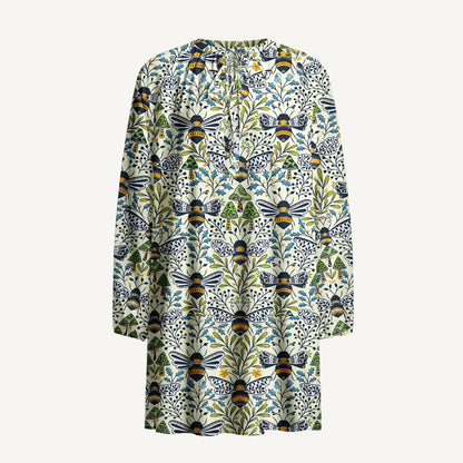 Botanical Bee Garden Print Boho Tie‑Neck Smock Mini Dress