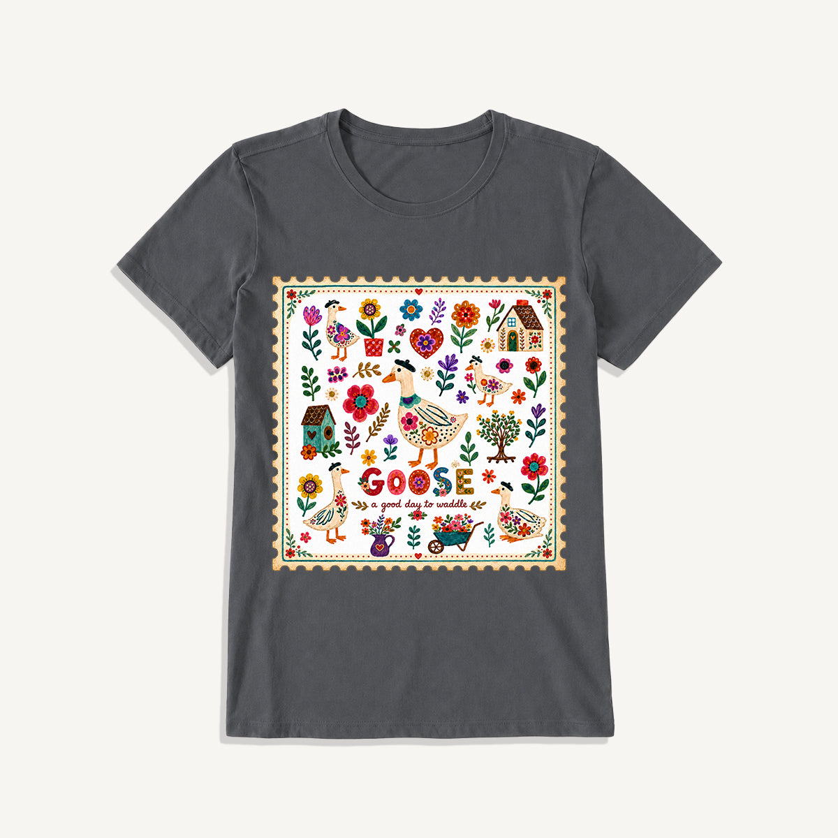 Floral Goose Garden Print Crew Neck Cotton Tee