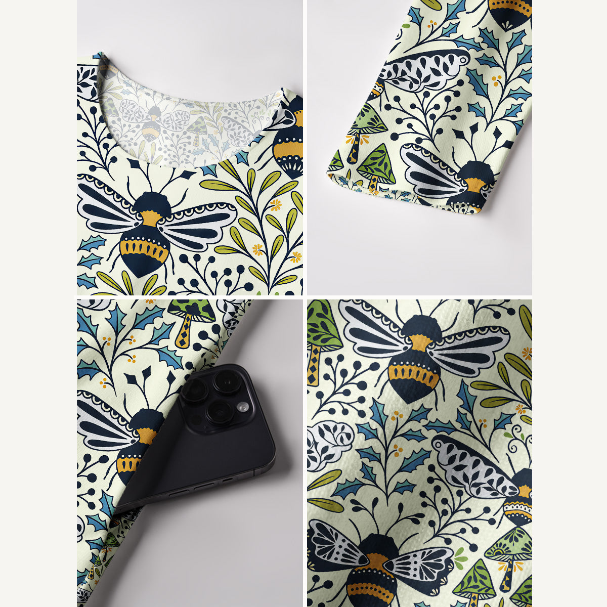 Botanical Bee Garden Print Soft-Touch Stretch Knit Long Sleeve Maxi Dress with Pockets