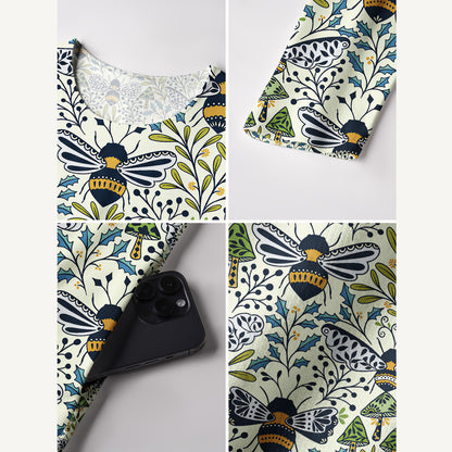 Botanical Bee Garden Print Soft-Touch Stretch Knit Long Sleeve Maxi Dress with Pockets