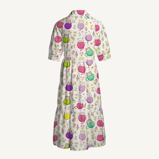 V Neck Collared Cat Yarn Ball Print Casual Midi Dress With Pockets