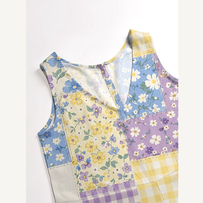 Floral Meadow Patchwork Print Boho Jumpsuit with Pockets for Women