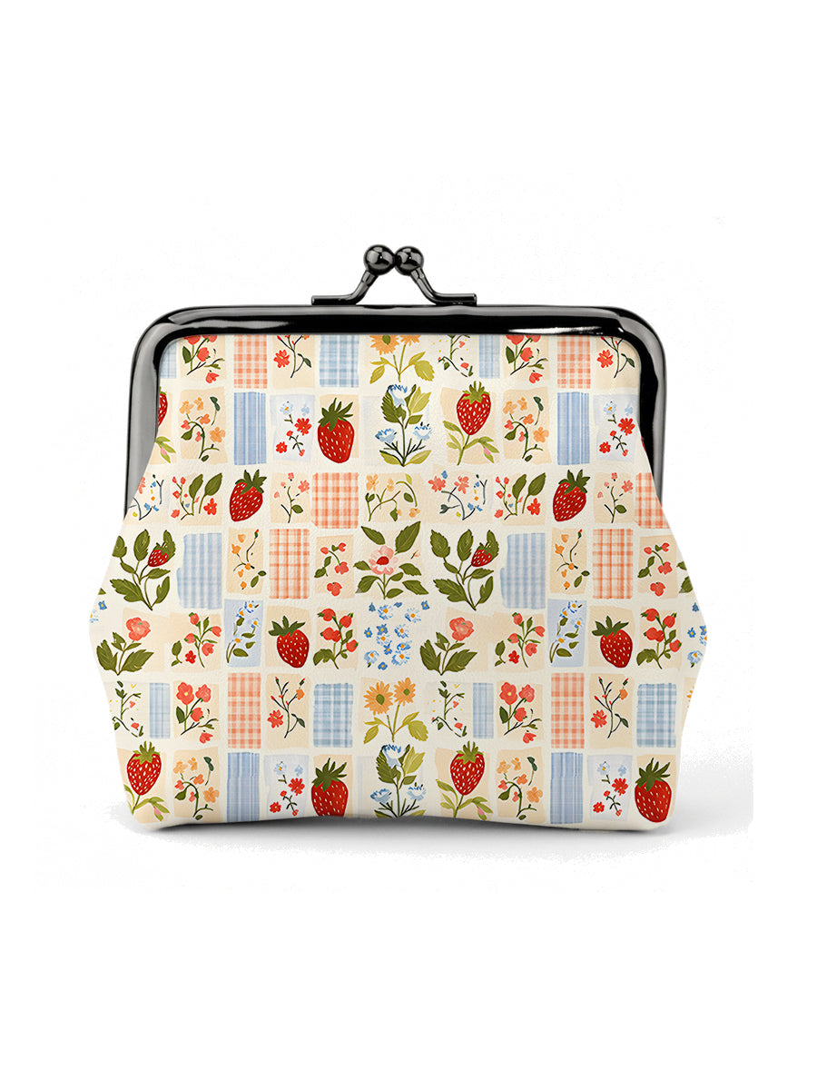 Strawberry Garden Patchwork Print Leather Mini Clasp Purse