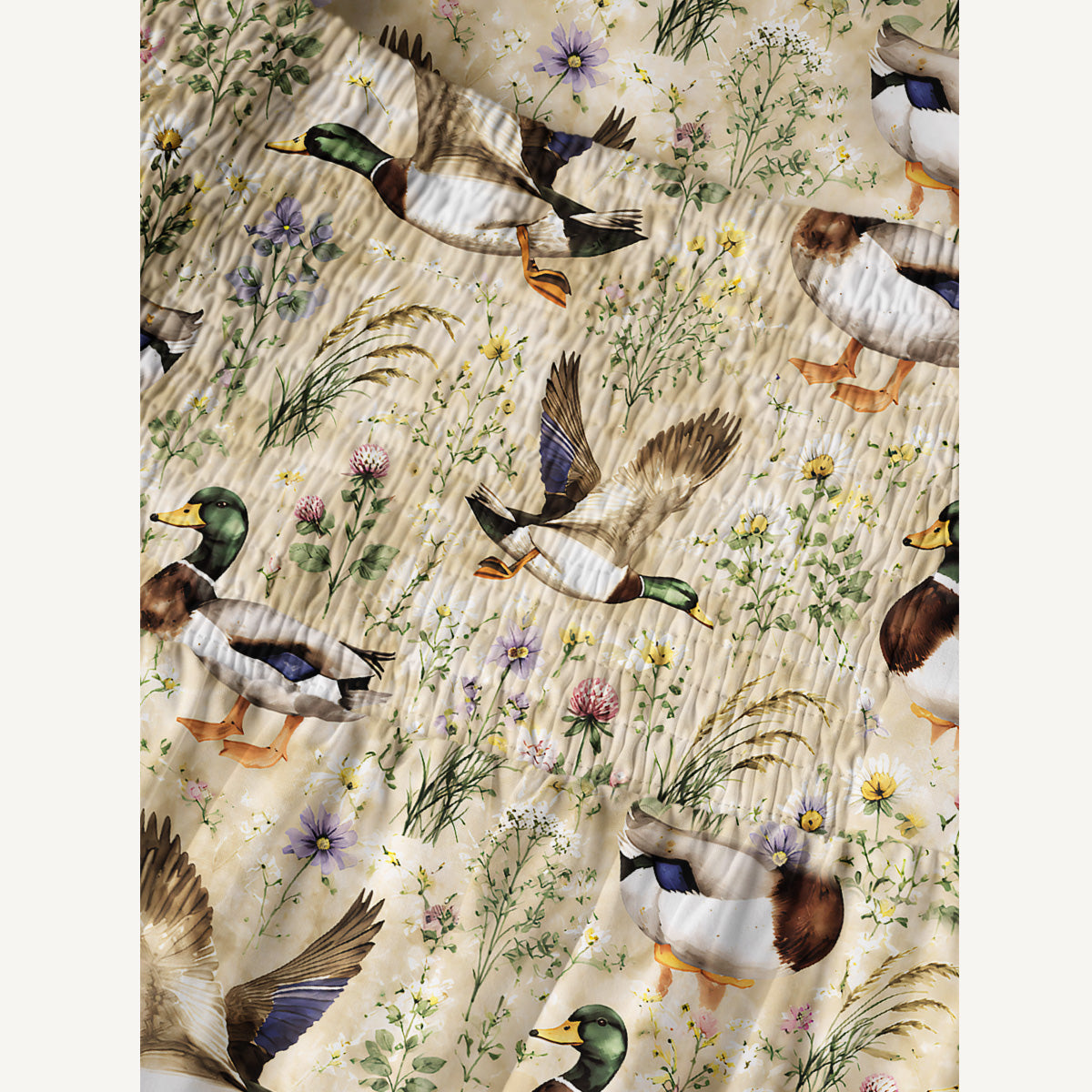 Watercolor Mallard Ducks Print Cotton Wide Straps Maxi Dress With Pockets