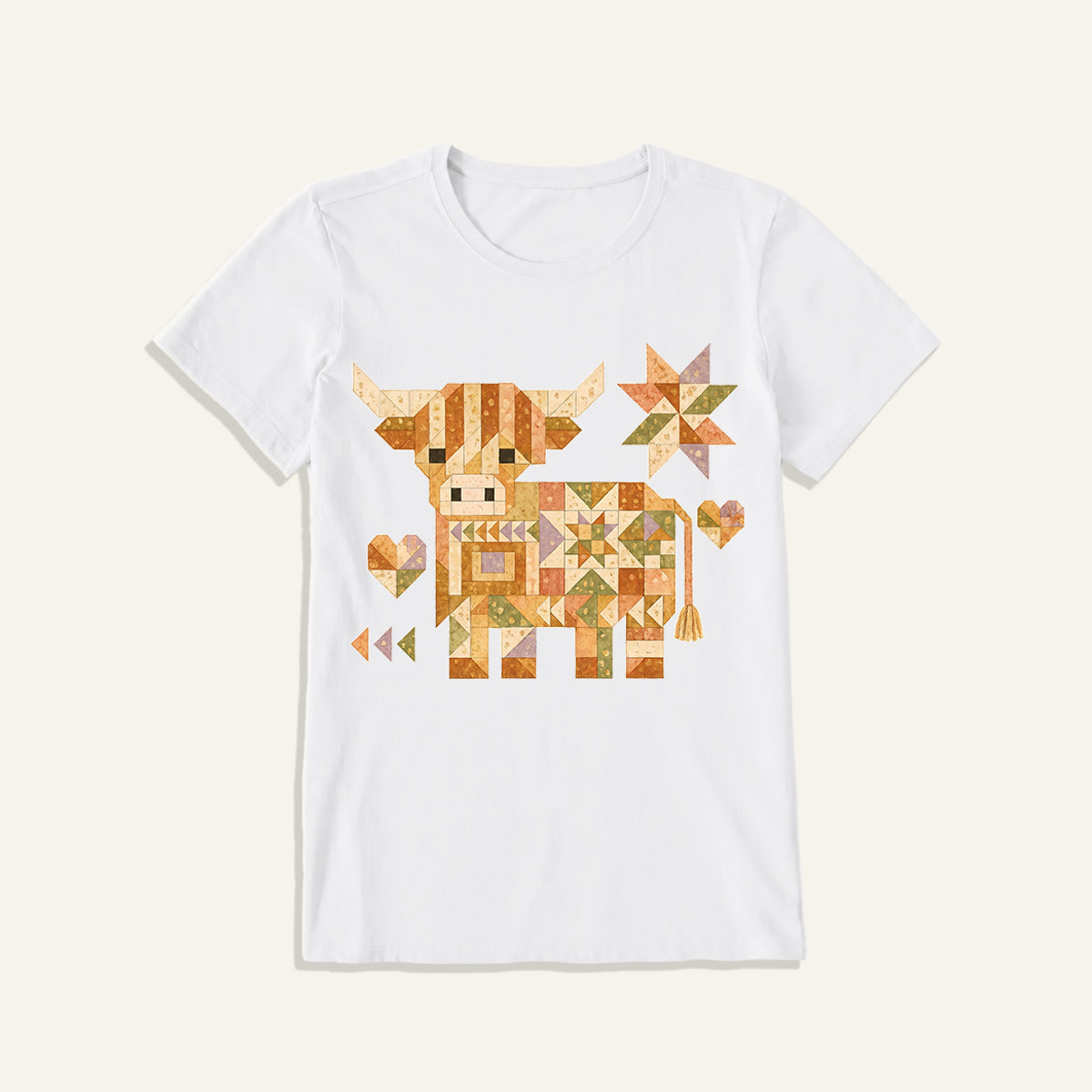 Highland Cow Quilt Art Print Crew Neck Cotton Tee