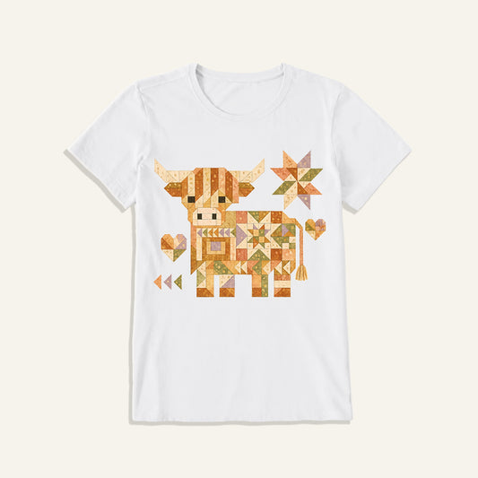 Highland Cow Quilt Art Print Crew Neck Cotton Tee