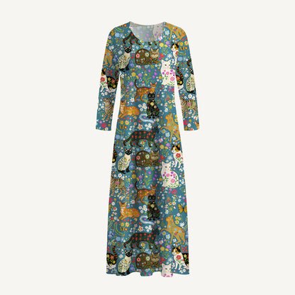 Colorful Garden Cat Pattern Print Soft-Touch Stretch Knit Long Sleeve Maxi Dress with Pockets