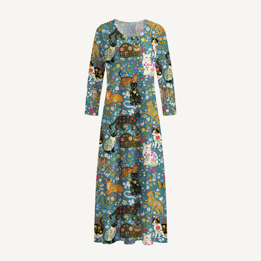 Colorful Garden Cat Pattern Print Soft-Touch Stretch Knit Long Sleeve Maxi Dress with Pockets
