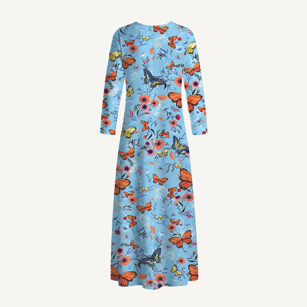 Butterfly Blossom Print Soft-Touch Stretch Knit Long Sleeve Maxi Dress with Pockets