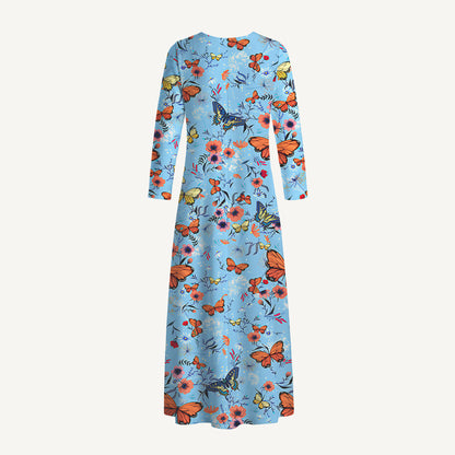 Butterfly Blossom Print Soft-Touch Stretch Knit Long Sleeve Maxi Dress with Pockets
