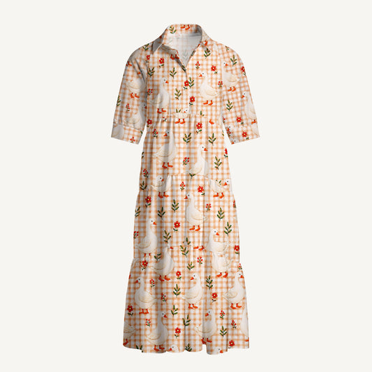 V Neck Collared Country Gingham Garden Geese Print Casual Midi Dress With Pockets
