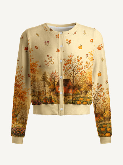 Lightweight Crew Neck Long‑Sleeve Cropped Autumn Garden Retreat Print Fine‑Knit Cardigan