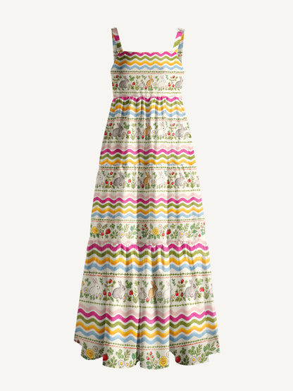 Strawberry Bunny Waves Print Wide Straps Maxi Dress With Pockets
