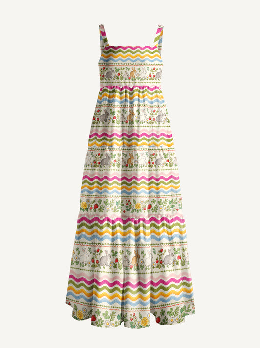 Strawberry Bunny Waves Print Wide Straps Maxi Dress With Pockets