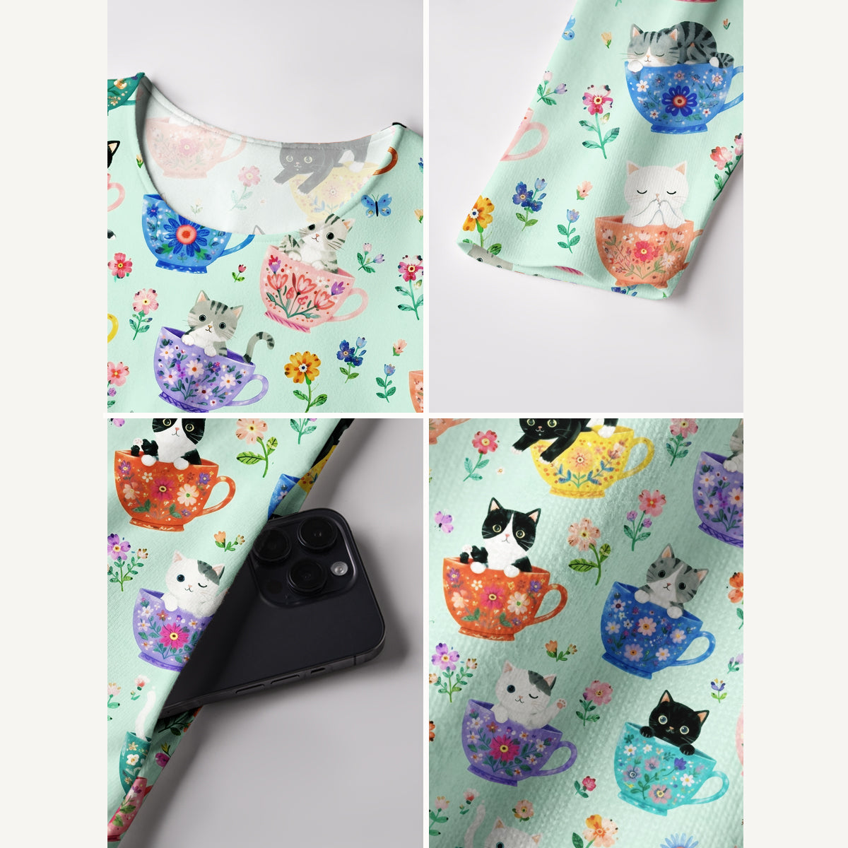 Cute Teacup Kitten Print Soft-Touch Stretch Knit Long Sleeve Maxi Dress with Pockets