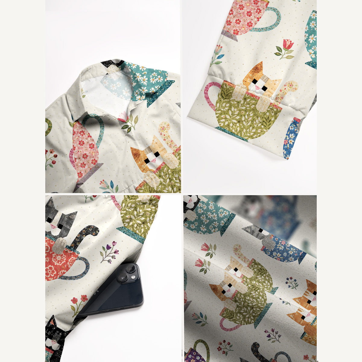 V Neck Collared Perler Bead Cat Print Casual Midi Dress With Pockets