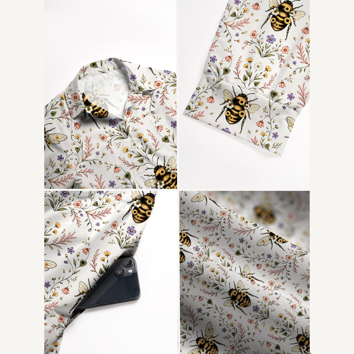 V Neck Collared Bee Floral Print Casual Midi Dress With Pockets