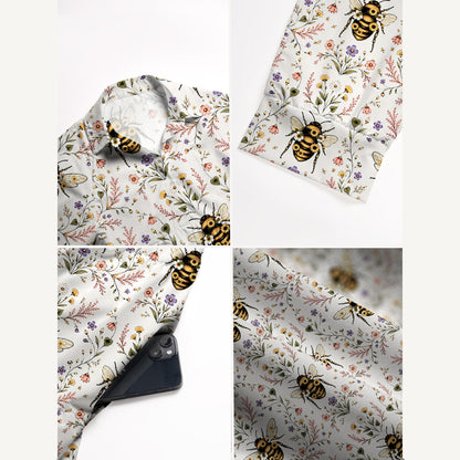 V Neck Collared Bee Floral Print Casual Midi Dress With Pockets