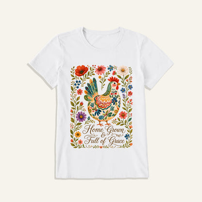 Folk Floral Homegrown Hen Print Crew Neck Cotton Tee