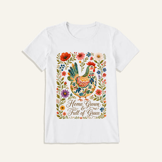 Folk Floral Homegrown Hen Print Crew Neck Cotton Tee