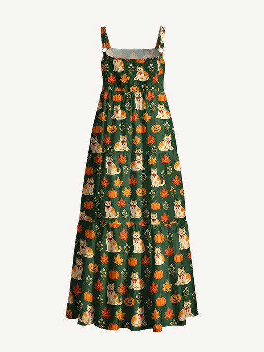 Pumpkin Patch Whiskers Print Wide Straps Maxi Dress With Pockets
