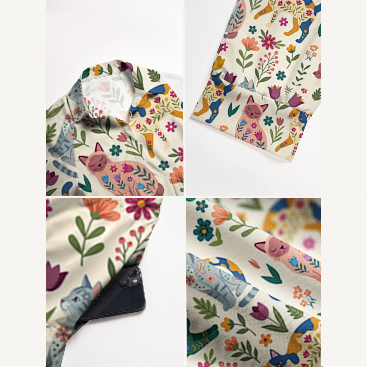 Cute Flower Cat Print Midi Dress For Women With Pockets