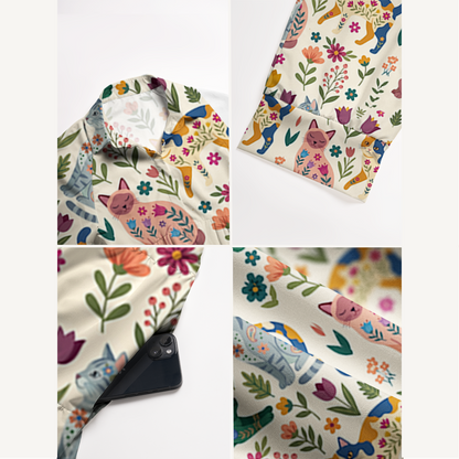 Cute Flower Cat Print Midi Dress For Women With Pockets