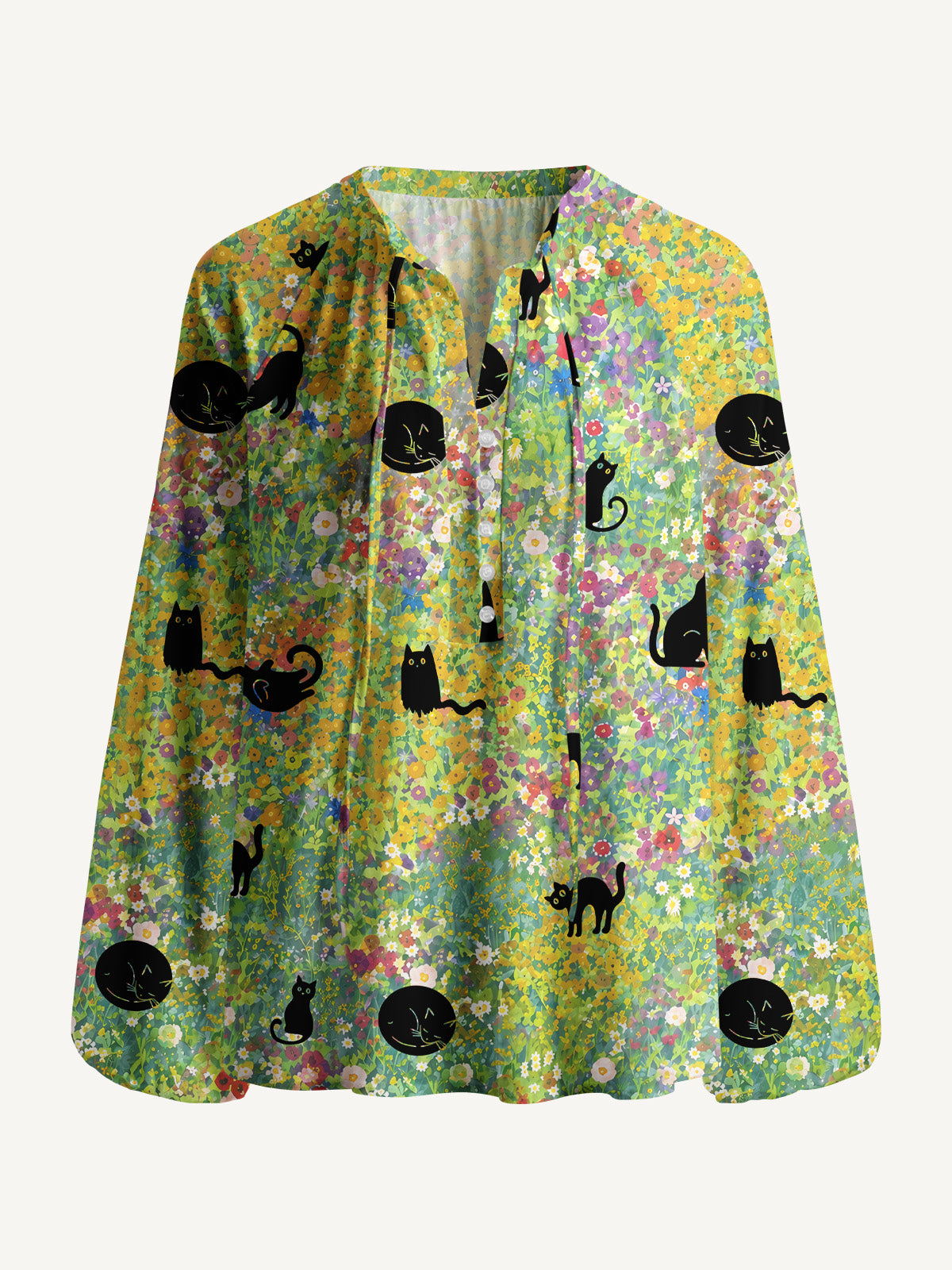 Wildflower Garden Black Cat Print Boho Long Sleeve Tie‑Neck Blouse