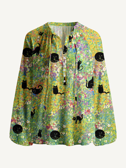Wildflower Garden Black Cat Print Boho Long Sleeve Tie‑Neck Blouse