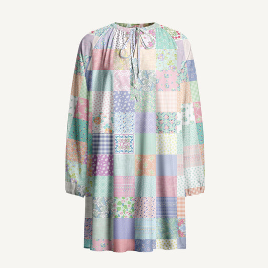 Vintage Quilt Patchwork Print Boho Tie‑Neck Smock Mini Dress