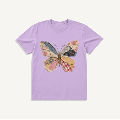 Quilt Patch Butterfly Print Crew Neck Cotton Tee