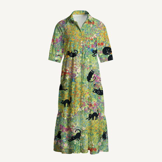 Wildflower Garden Black Cat Midi Dress For Women With Pockets