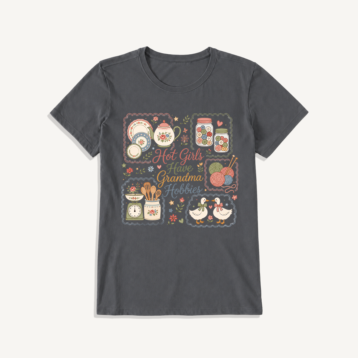Grandma Hobbies Craft Cottage Print Crew Neck Cotton Tee