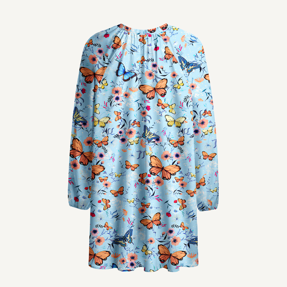 Butterfly Blossom Print Boho Tie‑Neck Smock Mini Dress