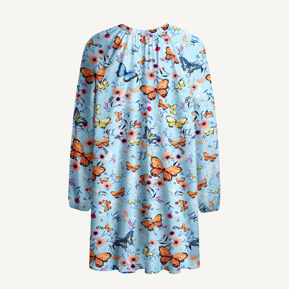 Butterfly Blossom Print Boho Tie‑Neck Smock Mini Dress