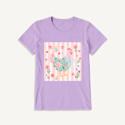 Cozy Floral Hen Nook Print Crew Neck Cotton Tee