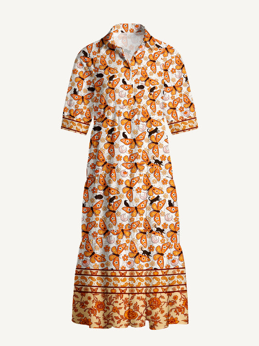 V Neck Collared Whispering Wings Halloween Print Casual Midi Dress With Pockets