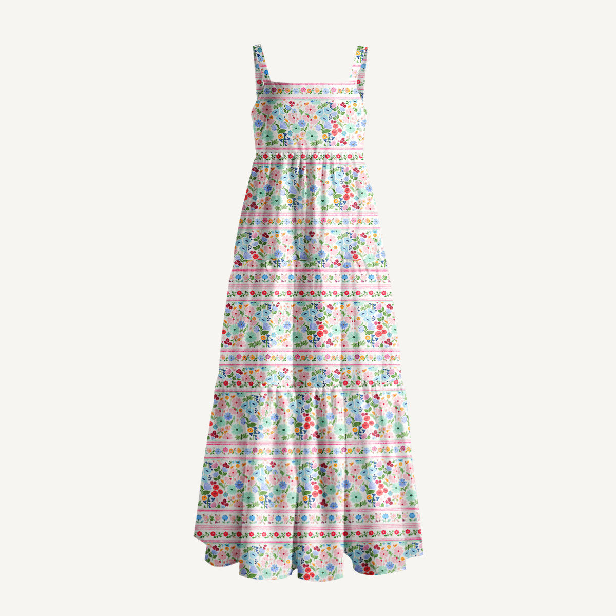 Summer Bloom Border Stripe Print Wide Straps Maxi Dress With Pockets