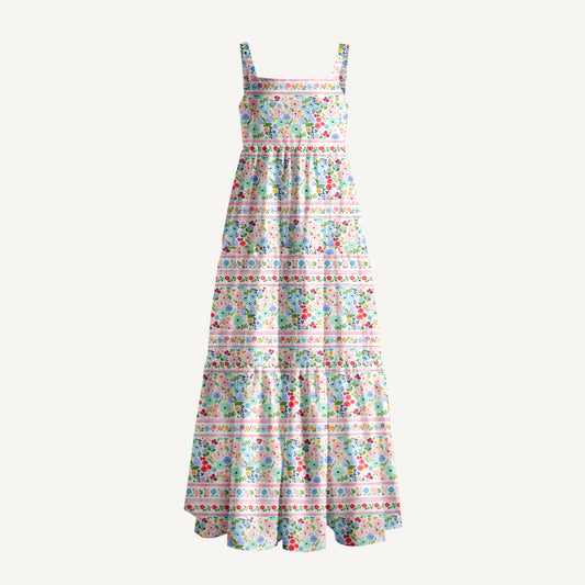 Summer Bloom Border Stripe Print Wide Straps Maxi Dress With Pockets