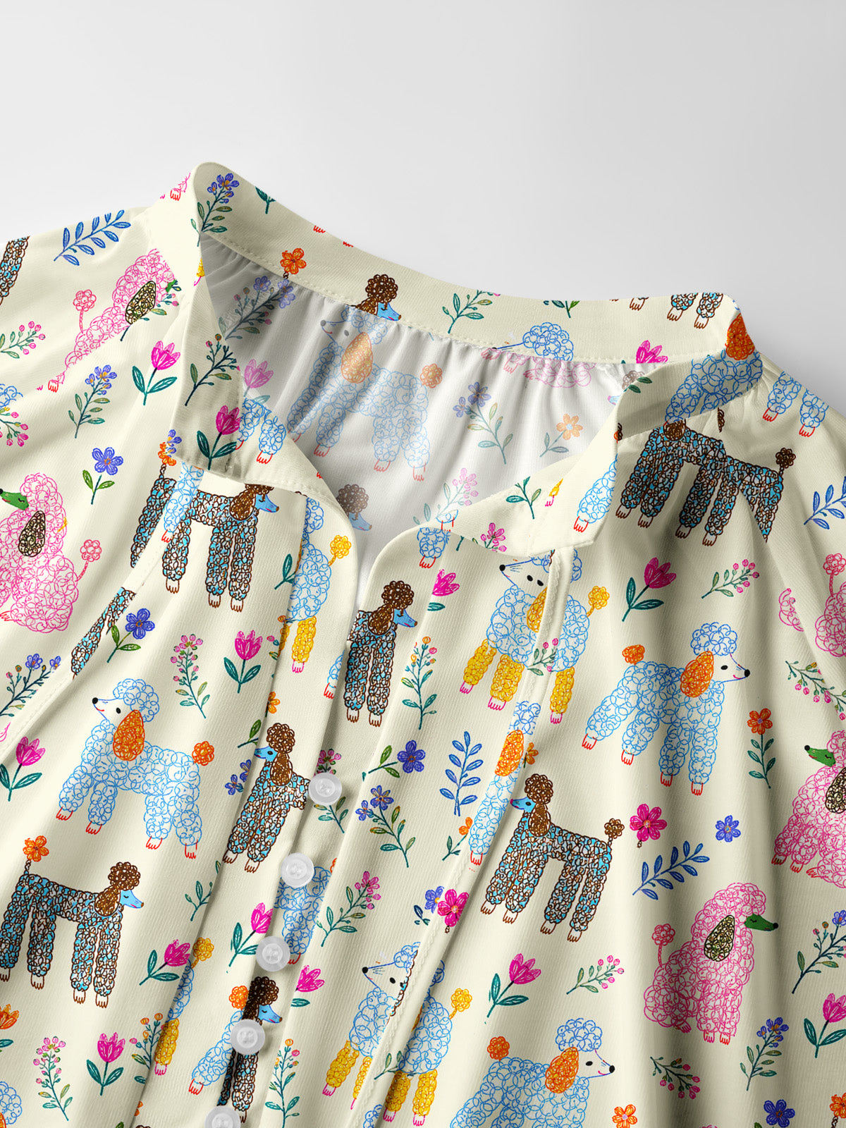 Whimsical Garden Poodles Pattern Print Boho Long Sleeve Tie‑Neck Blouse