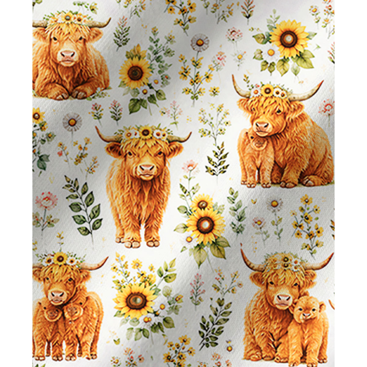Spring Highland Cow Floral Print Long Pajama Set