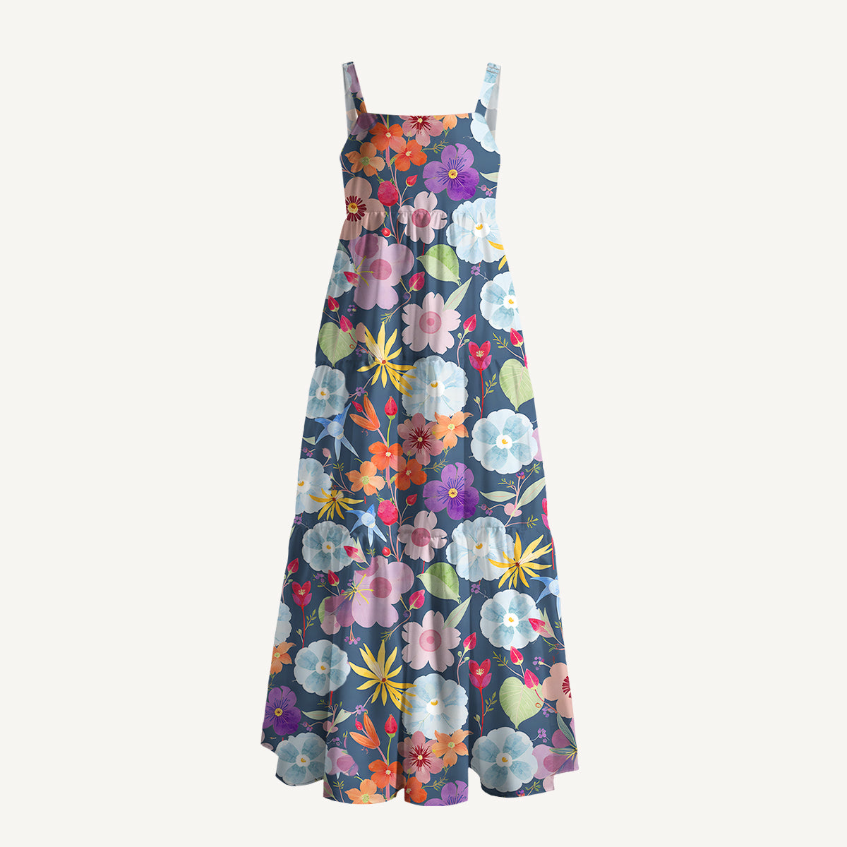 Vibrant Watercolor Bloom Print Wide Straps Maxi Dress With Pockets