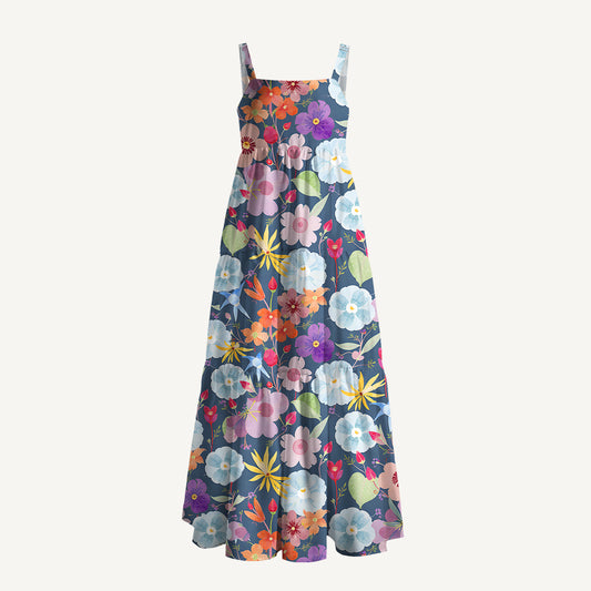 Vibrant Watercolor Bloom Print Wide Straps Maxi Dress With Pockets
