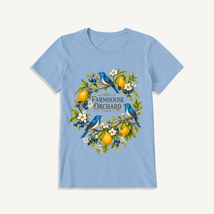 Farmhouse Orchard Bluebirds Print Crew Neck Cotton Tee