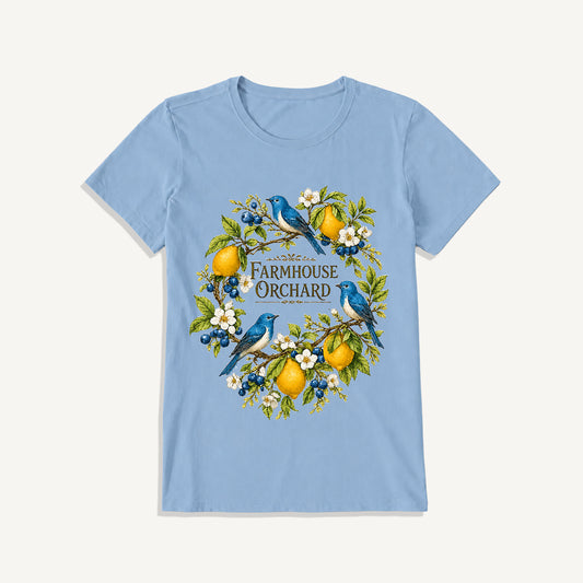 Farmhouse Orchard Bluebirds Print Crew Neck Cotton Tee