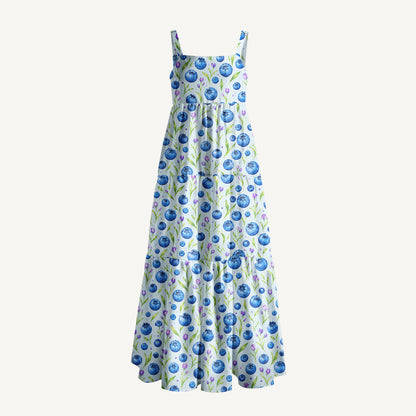 Blueberry Blossom Pattern Print Wide Straps Maxi Dress With Pockets