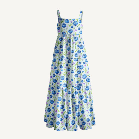 Blueberry Blossom Pattern Print Wide Straps Maxi Dress With Pockets
