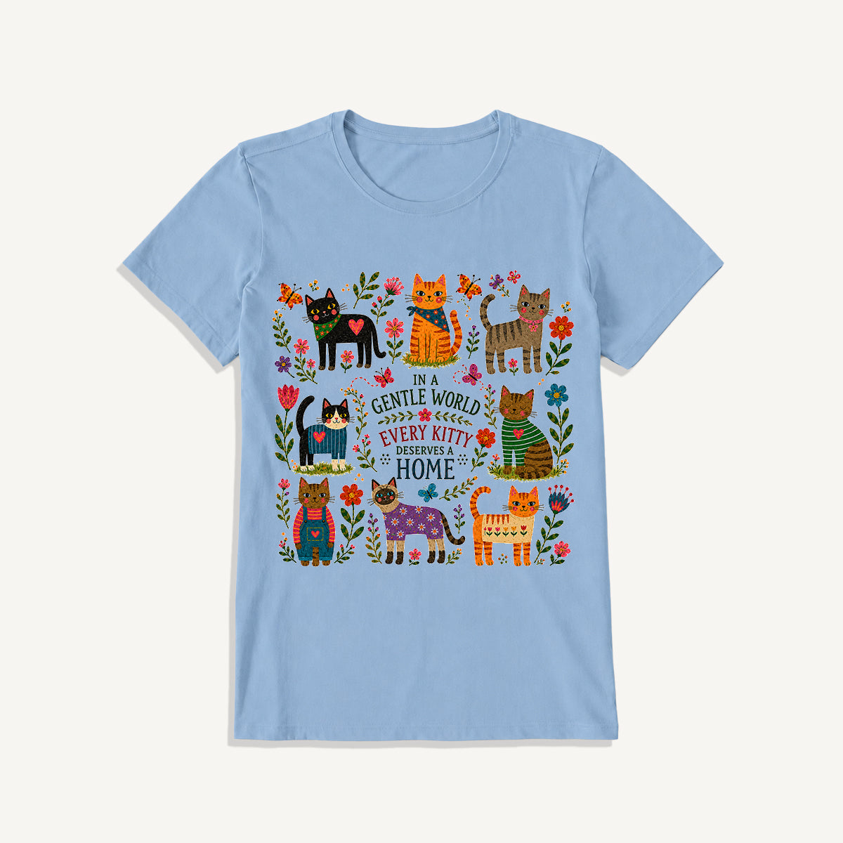 Gentle World Kitty Garden Print Crew Neck Cotton Tee